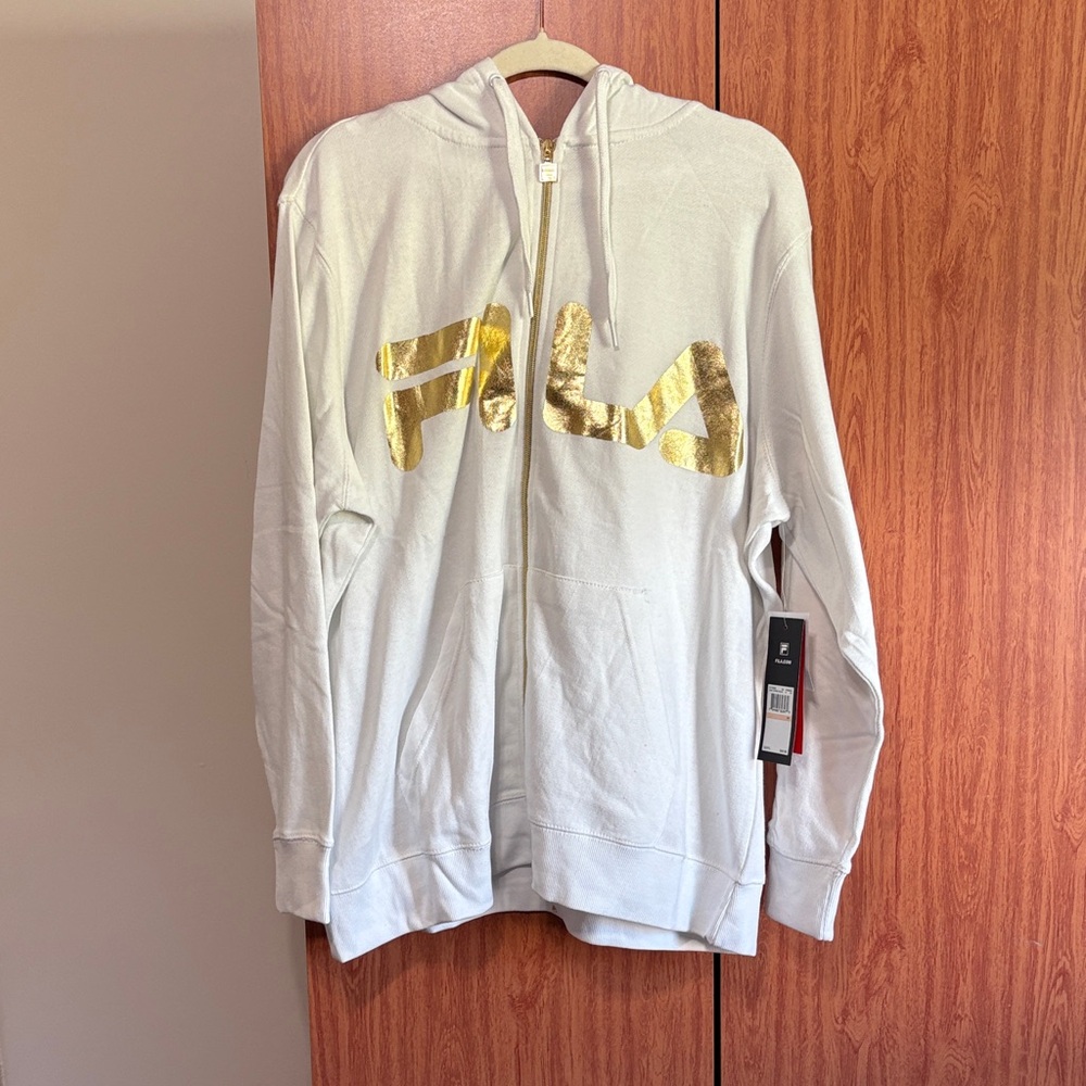 NWT FILA White Zip-Up Hoodie 2XL Gold Accents